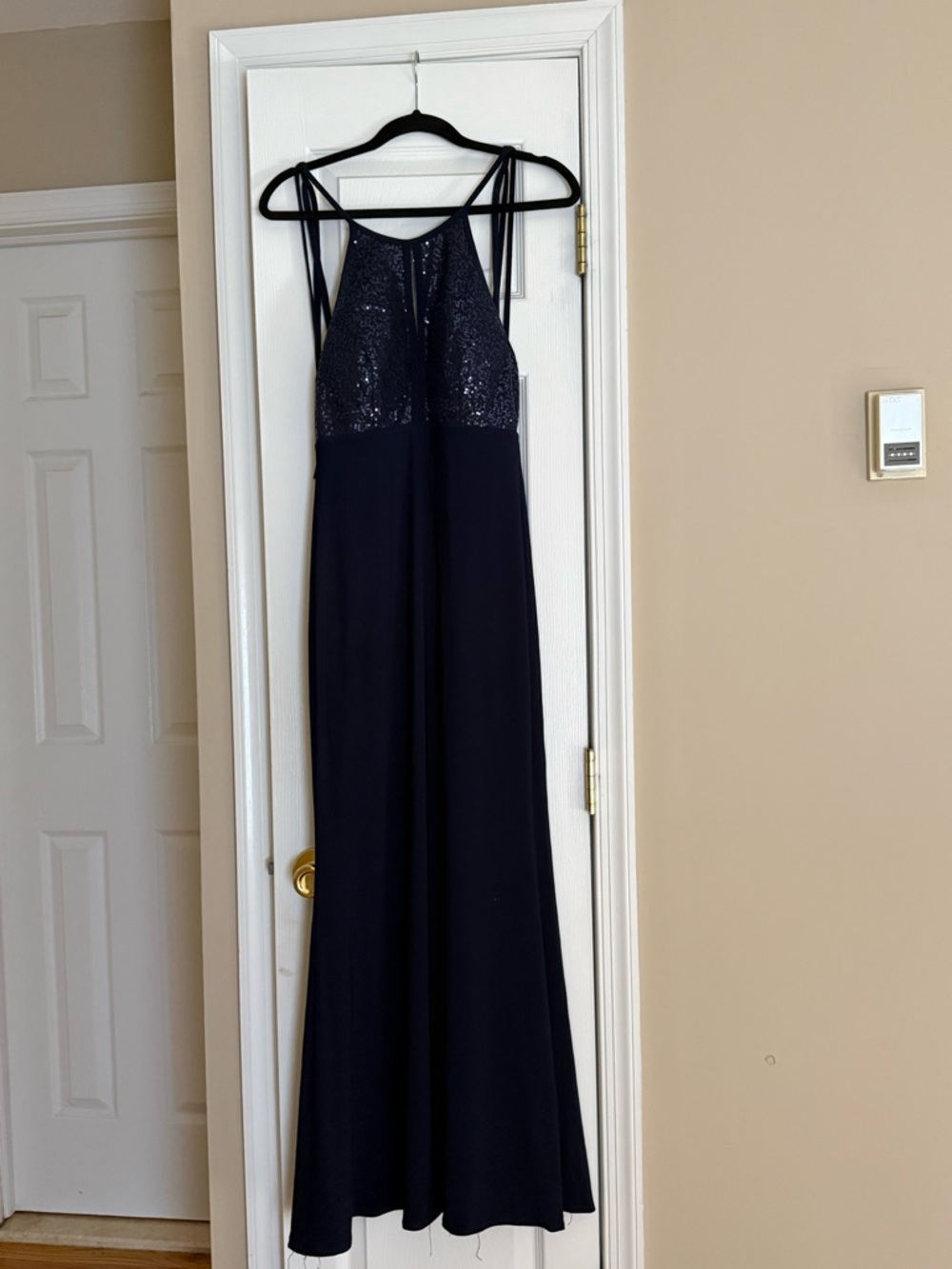 Xscape Navy Sequin Halter Evening Gown